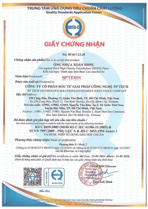 Chứng nhận cho Ống nhựa HDPE/uPVC